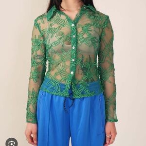House of Sunny Emerald Green Embroidered Button Down Shirt